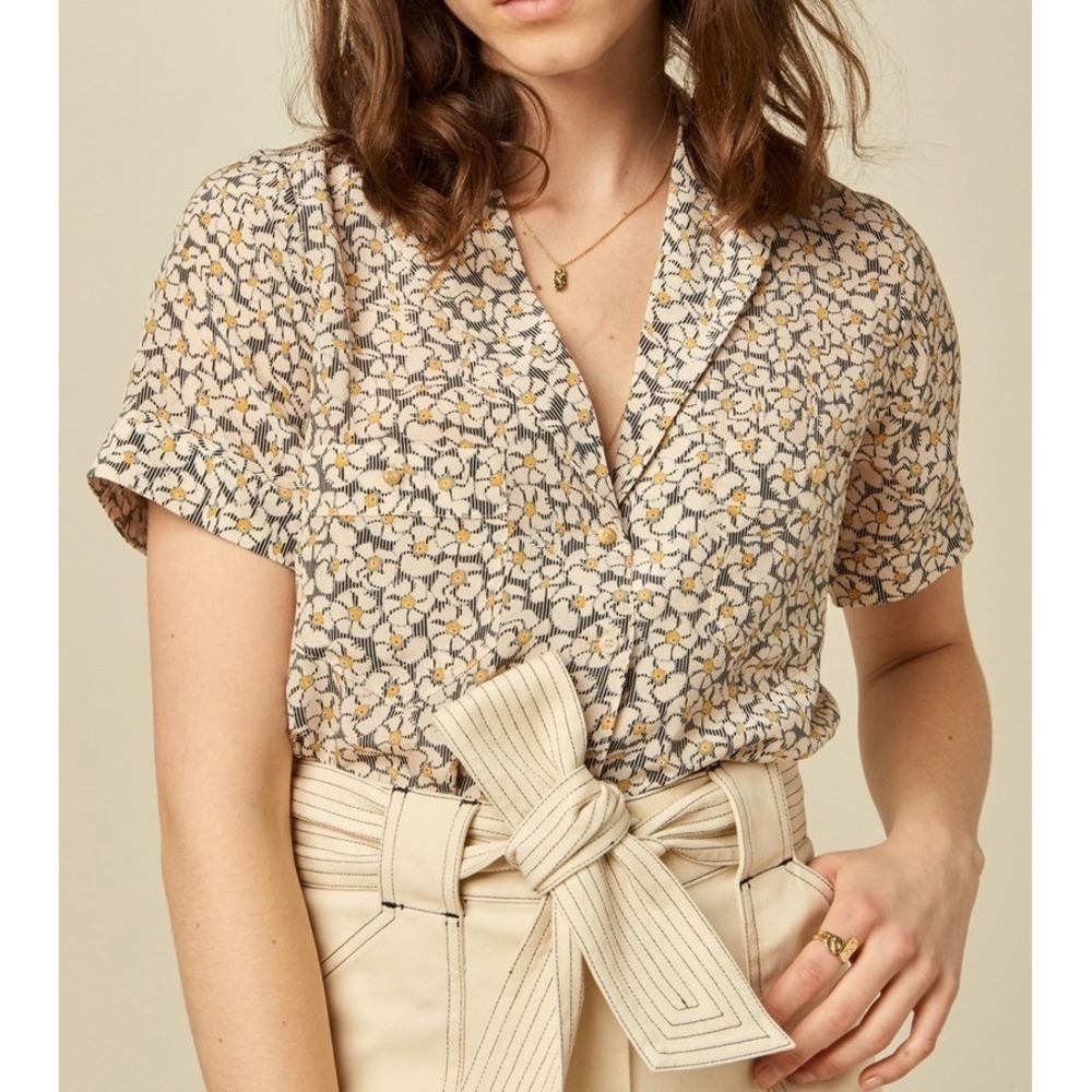 Sessun Heri Women Yellow White Floral Daisy Striped Short Sleeve Button Down L